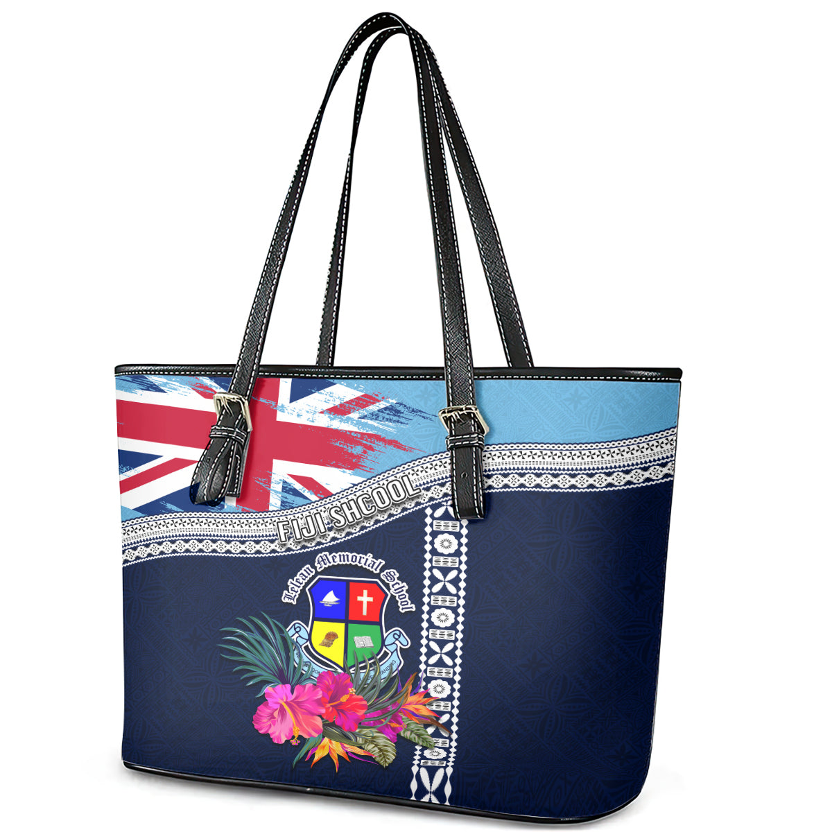 Fiji Lelean Memorial School Leather Tote Bag Tapa and Polynesian Tribal Pattern LT03 - Polynesian Pride