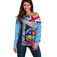 Fiji Lelean Memorial School Off Shoulder Sweater Tapa and Polynesian Tribal Pattern LT03 Women Blue - Polynesian Pride