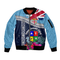 Fiji Lelean Memorial School Sleeve Zip Bomber Jacket Tapa and Polynesian Tribal Pattern LT03 Unisex Blue - Polynesian Pride