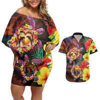 Hawaiian Sea Animals Love Couple Couples Matching Off Shoulder Short Dress and Hawaiian Shirt Aloha Sunset Symphony