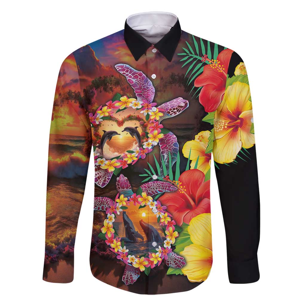 Hawaiian Sea Animals Love Couple Family Matching Long Sleeve Bodycon Dress and Hawaiian Shirt Aloha Sunset Symphony