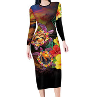 Hawaiian Sea Animals Love Couple Family Matching Long Sleeve Bodycon Dress and Hawaiian Shirt Aloha Sunset Symphony