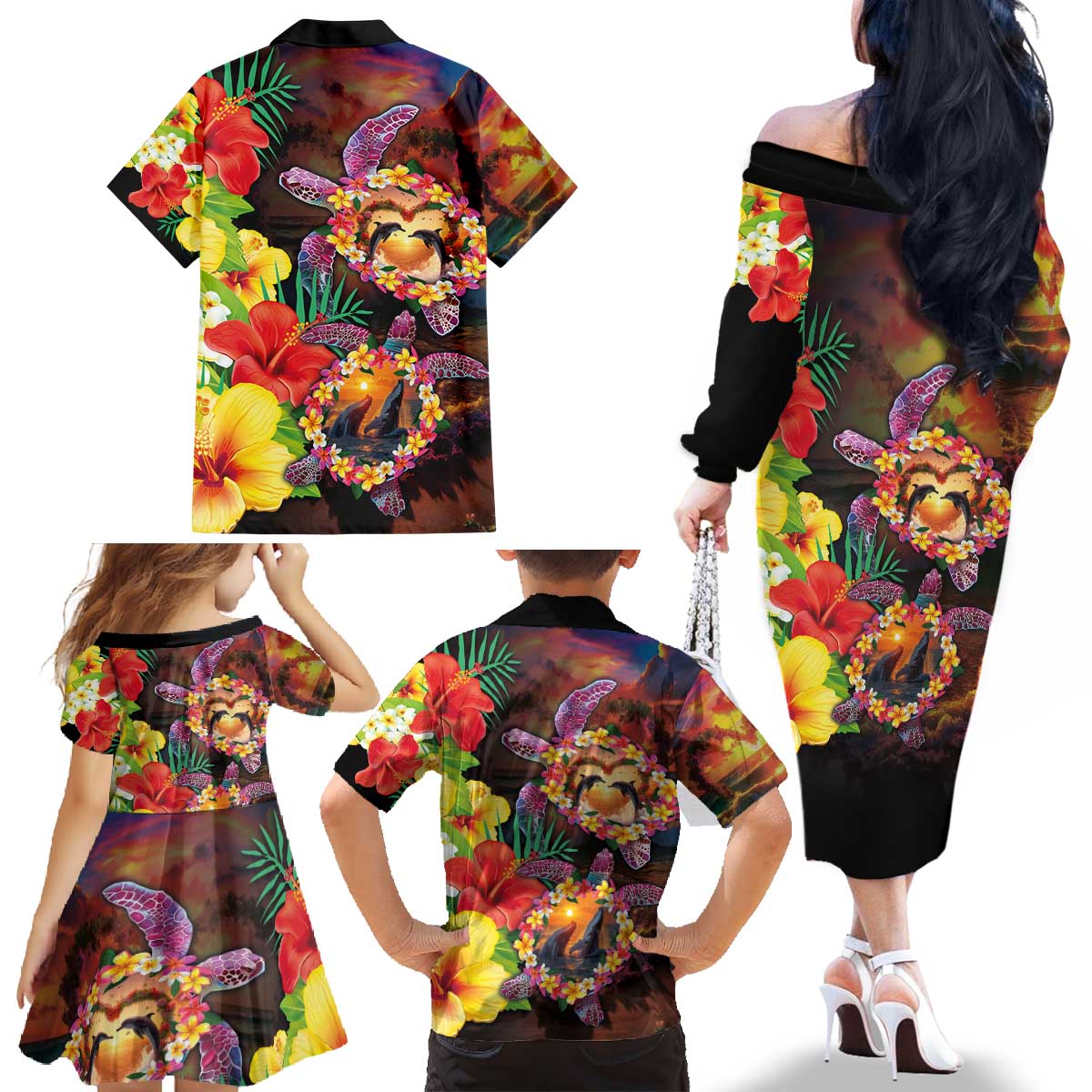 Hawaiian Sea Animals Love Couple Family Matching Off The Shoulder Long Sleeve Dress and Hawaiian Shirt Aloha Sunset Symphony