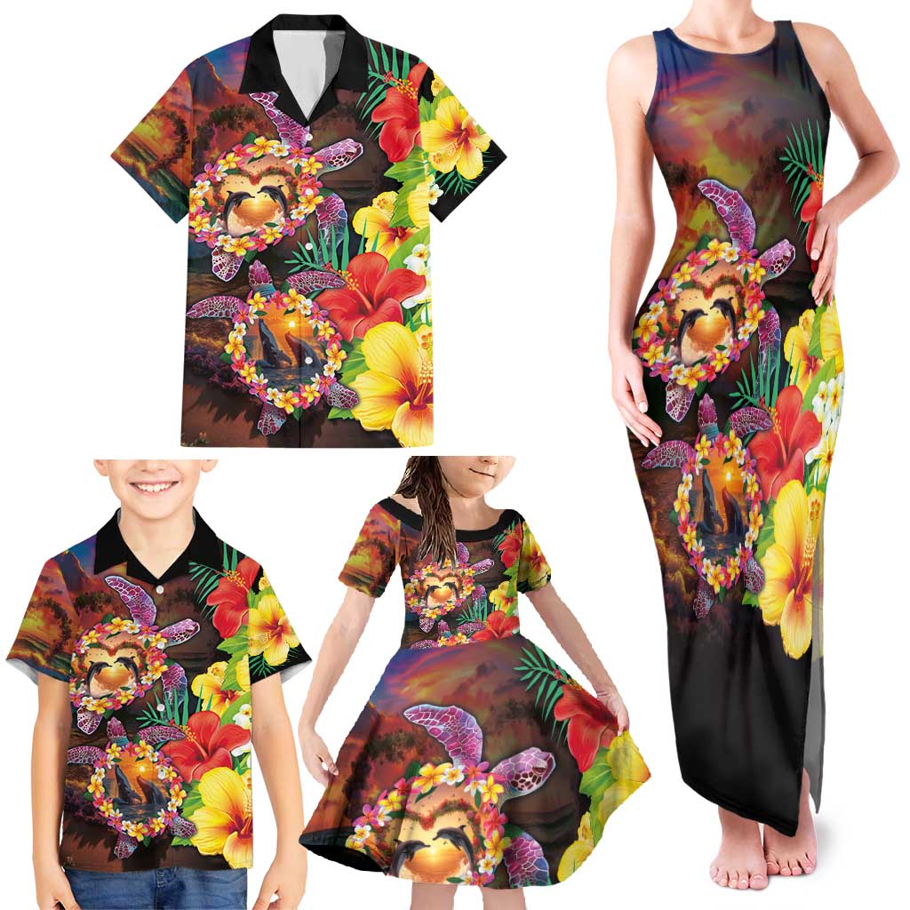 Hawaiian Sea Animals Love Couple Family Matching Tank Maxi Dress and Hawaiian Shirt Aloha Sunset Symphony