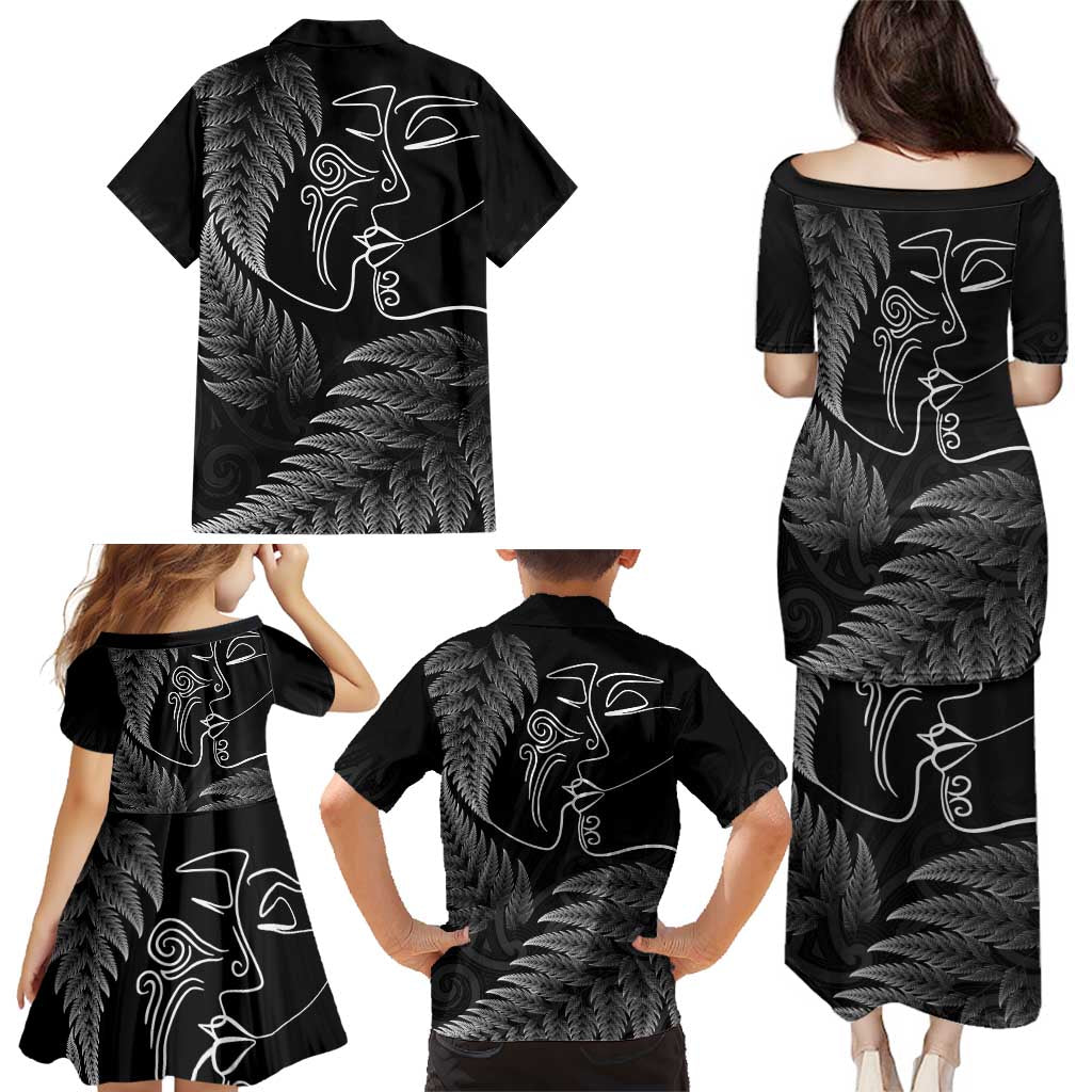 New Zealand Valentine's Day Family Matching Puletasi and Hawaiian Shirt Silver Fern and Line Art Love Couple