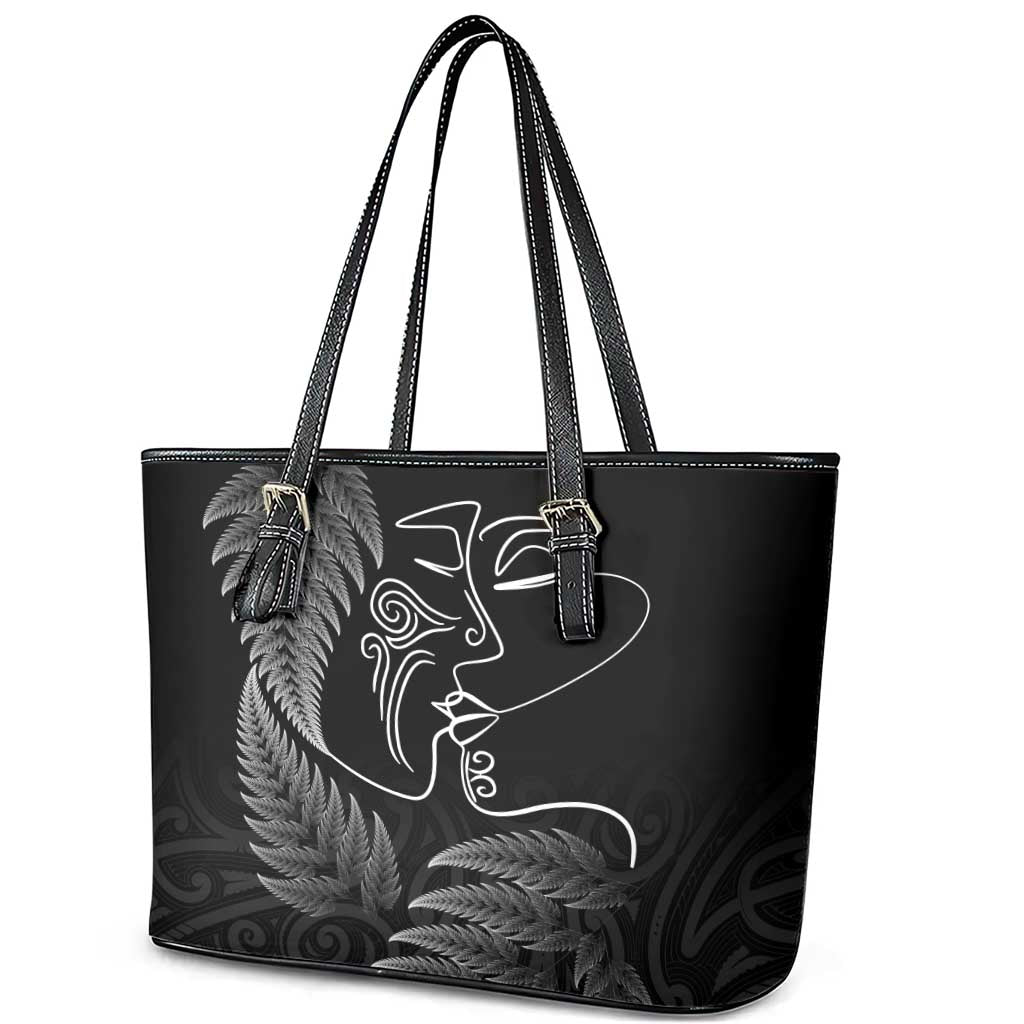 New Zealand Valentine's Day Leather Tote Bag Silver Fern and Line Art Love Couple