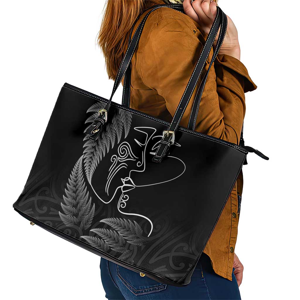 New Zealand Valentine's Day Leather Tote Bag Silver Fern and Line Art Love Couple