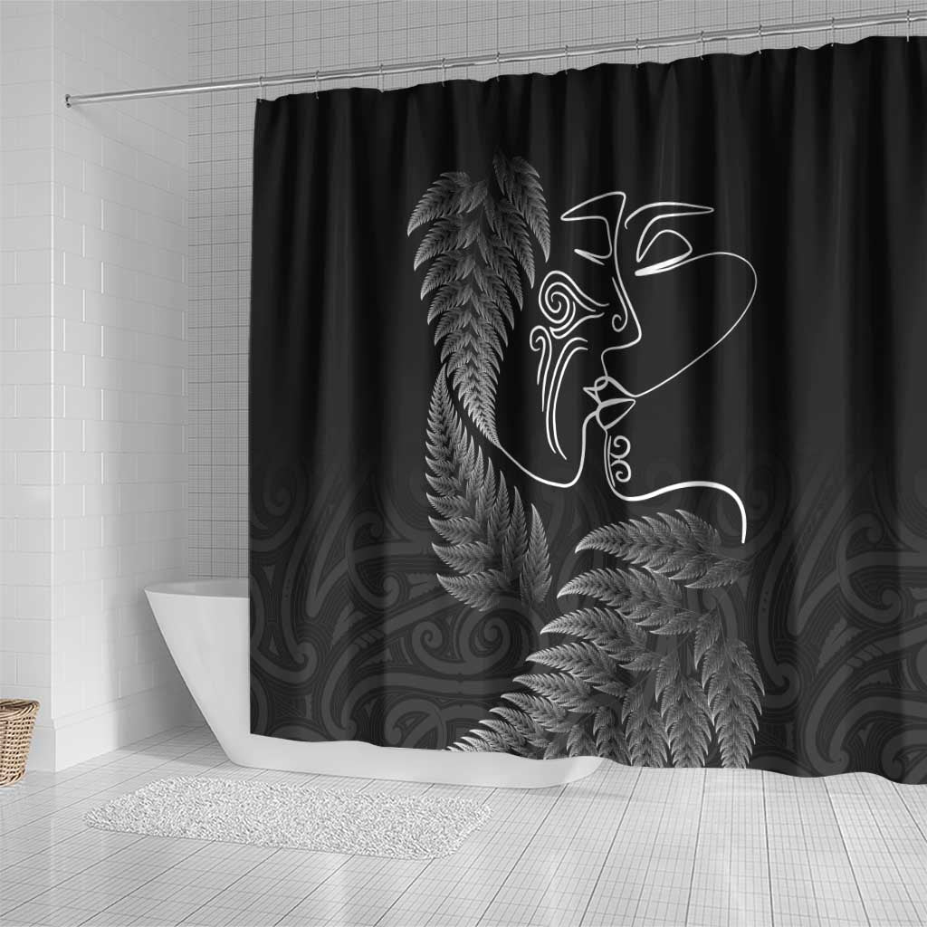New Zealand Valentine's Day Shower Curtain Silver Fern and Line Art Love Couple