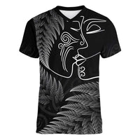 New Zealand Valentine's Day Women V-Neck T-Shirt Silver Fern and Line Art Love Couple LT03 Female Black - Polynesian Pride