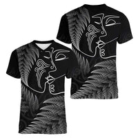 New Zealand Valentine's Day Women V-Neck T-Shirt Silver Fern and Line Art Love Couple LT03 - Polynesian Pride