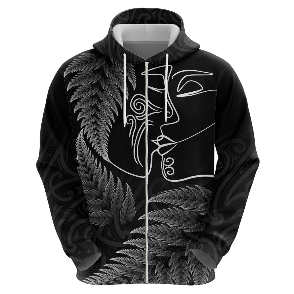 New Zealand Valentine's Day Zip Hoodie Silver Fern and Line Art Love Couple