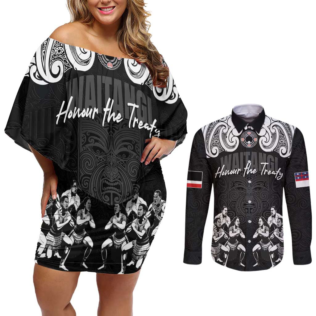 Aotearoa Waitangi Day - Toitu Te Tiriti Couples Matching Off Shoulder Short Dress and Long Sleeve Button Shirt New Zealand Honour the Treaty LT03 Black - Polynesian Pride