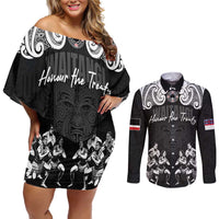 Aotearoa Waitangi Day - Toitu Te Tiriti Couples Matching Off Shoulder Short Dress and Long Sleeve Button Shirt New Zealand Honour the Treaty LT03 Black - Polynesian Pride