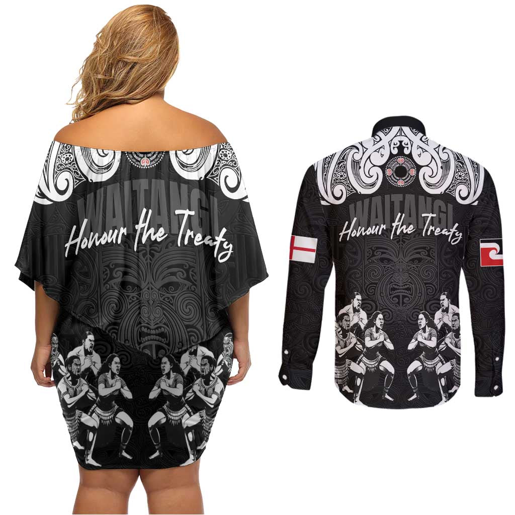 Aotearoa Waitangi Day - Toitu Te Tiriti Couples Matching Off Shoulder Short Dress and Long Sleeve Button Shirt New Zealand Honour the Treaty LT03 - Polynesian Pride