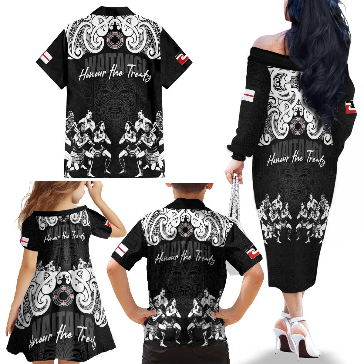 Aotearoa Waitangi Day - Toitu Te Tiriti Family Matching Off The Shoulder Long Sleeve Dress and Hawaiian Shirt New Zealand Honour the Treaty