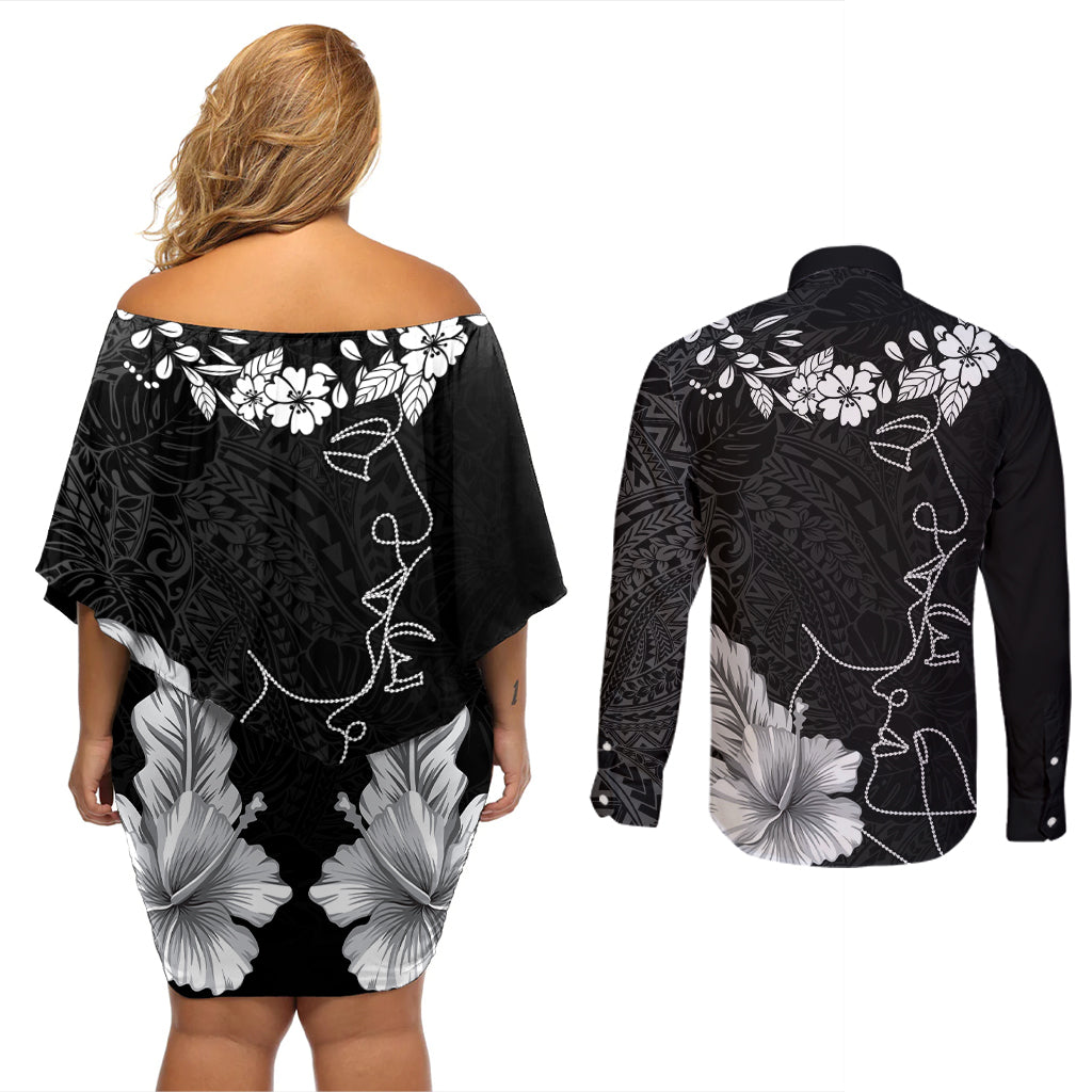 Hawaii Valentine Day Couples Matching Off Shoulder Short Dress and Long Sleeve Button Shirt Polynesian Line Art Love Couple Hibiscus Tribal Pattern LT03 - Polynesian Pride