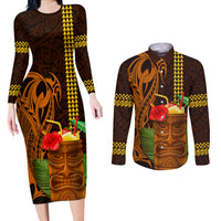 Hawaii Tiki Mask Cocktail Couples Matching Long Sleeve Bodycon Dress and Long Sleeve Button Shirt Kakau Tattoo LT03 Brown - Polynesian Pride