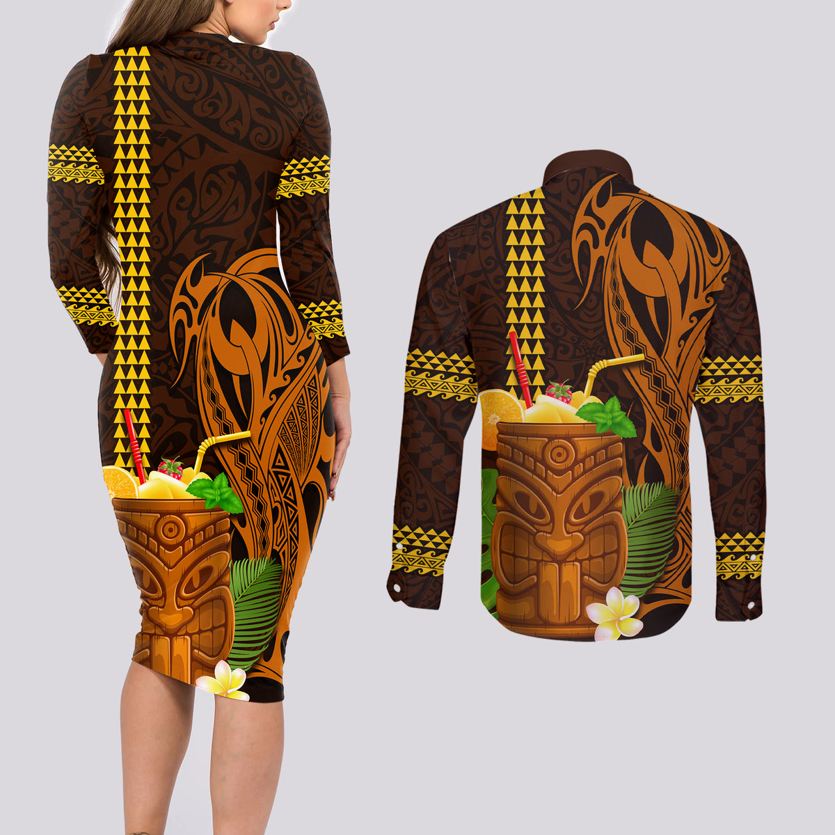 Hawaii Tiki Mask Cocktail Couples Matching Long Sleeve Bodycon Dress and Long Sleeve Button Shirt Kakau Tattoo LT03 - Polynesian Pride