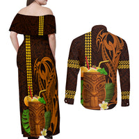 Hawaii Tiki Mask Cocktail Couples Matching Off Shoulder Maxi Dress and Long Sleeve Button Shirt Kakau Tattoo LT03 - Polynesian Pride