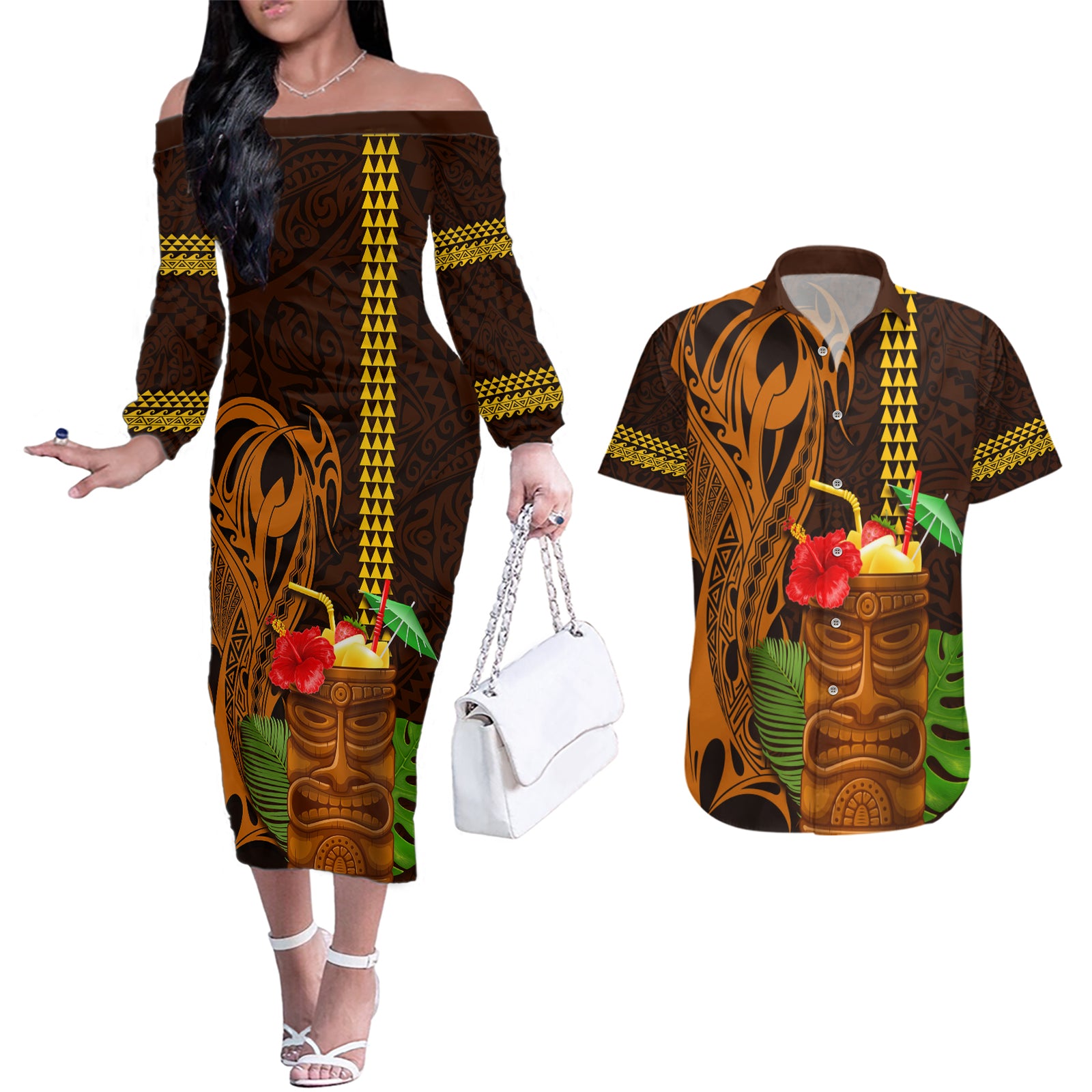 Hawaii Tiki Mask Cocktail Couples Matching Off The Shoulder Long Sleeve Dress and Hawaiian Shirt Kakau Tattoo LT03 Brown - Polynesian Pride