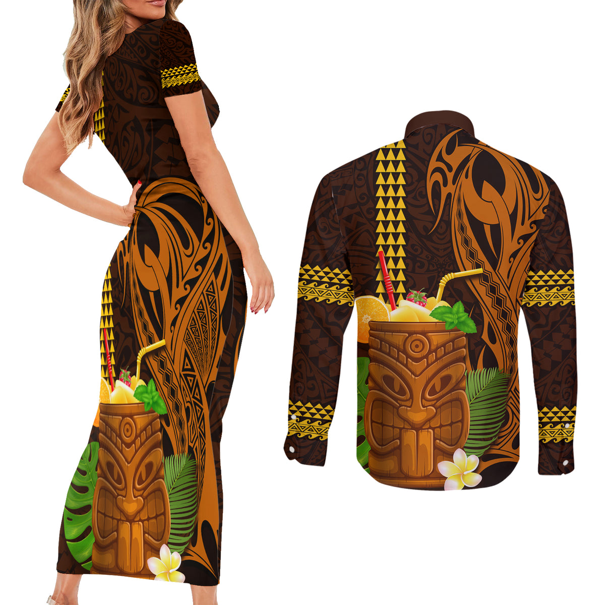 Hawaii Tiki Mask Cocktail Couples Matching Short Sleeve Bodycon Dress and Long Sleeve Button Shirt Kakau Tattoo LT03 - Polynesian Pride