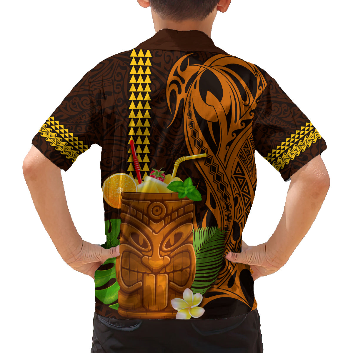 Hawaii Tiki Mask Cocktail Family Matching Long Sleeve Bodycon Dress and Hawaiian Shirt Kakau Tattoo LT03 - Polynesian Pride