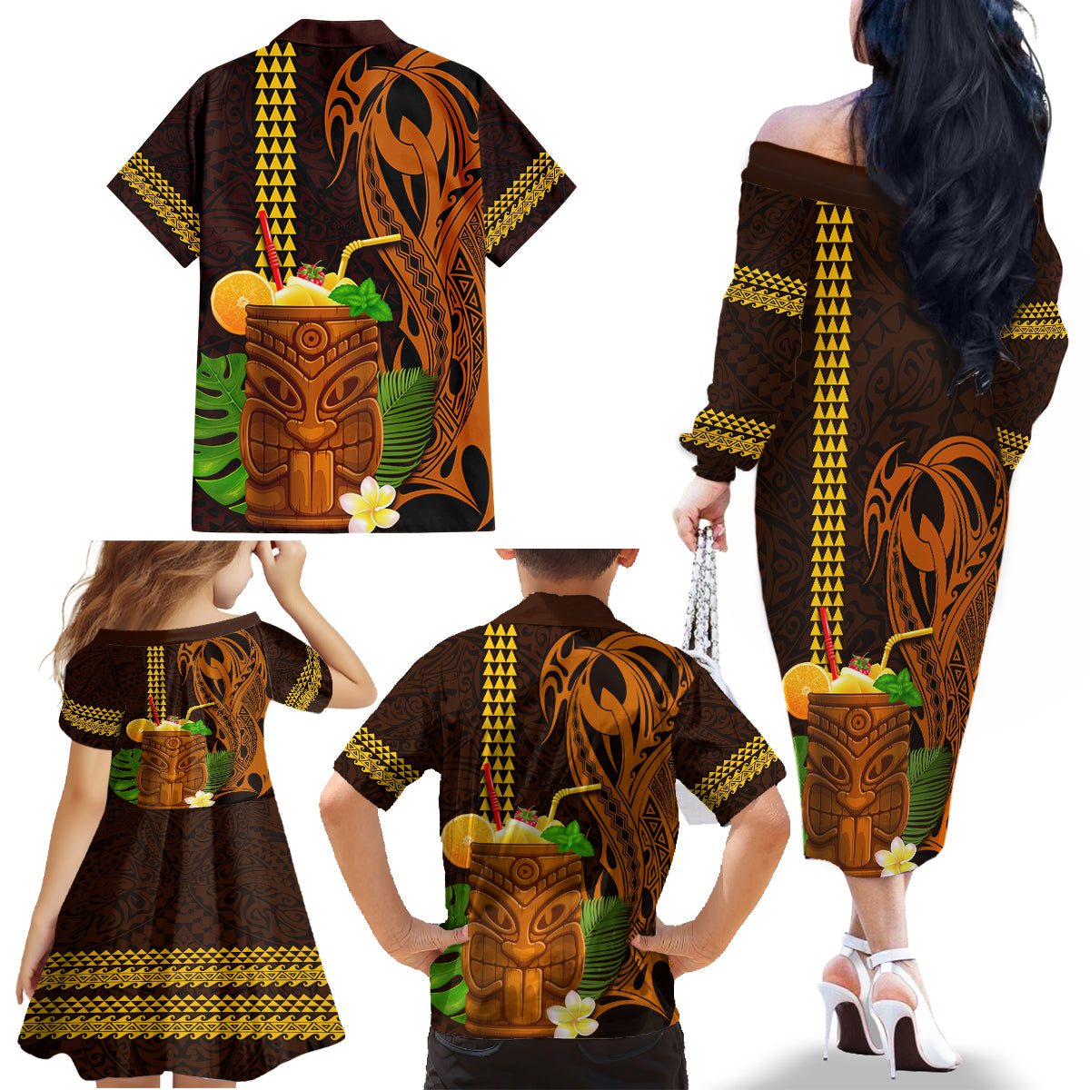 Hawaii Tiki Mask Cocktail Family Matching Off Shoulder Long Sleeve Dress and Hawaiian Shirt Kakau Tattoo LT03 - Polynesian Pride