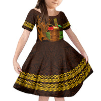 Hawaii Tiki Mask Cocktail Kid Short Sleeve Dress Kakau Tattoo LT03 KID Brown - Polynesian Pride