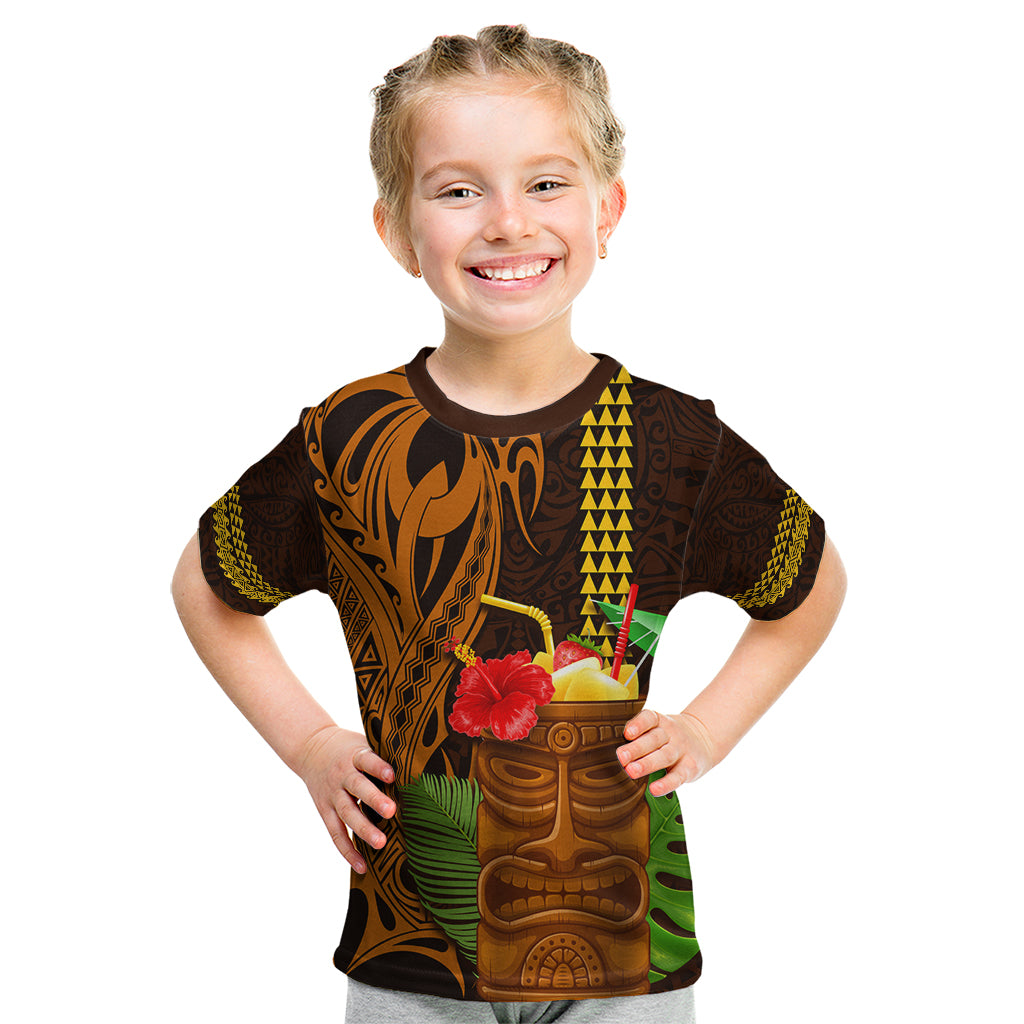Hawaii Tiki Mask Cocktail Kid T Shirt Kakau Tattoo LT03 Brown - Polynesian Pride