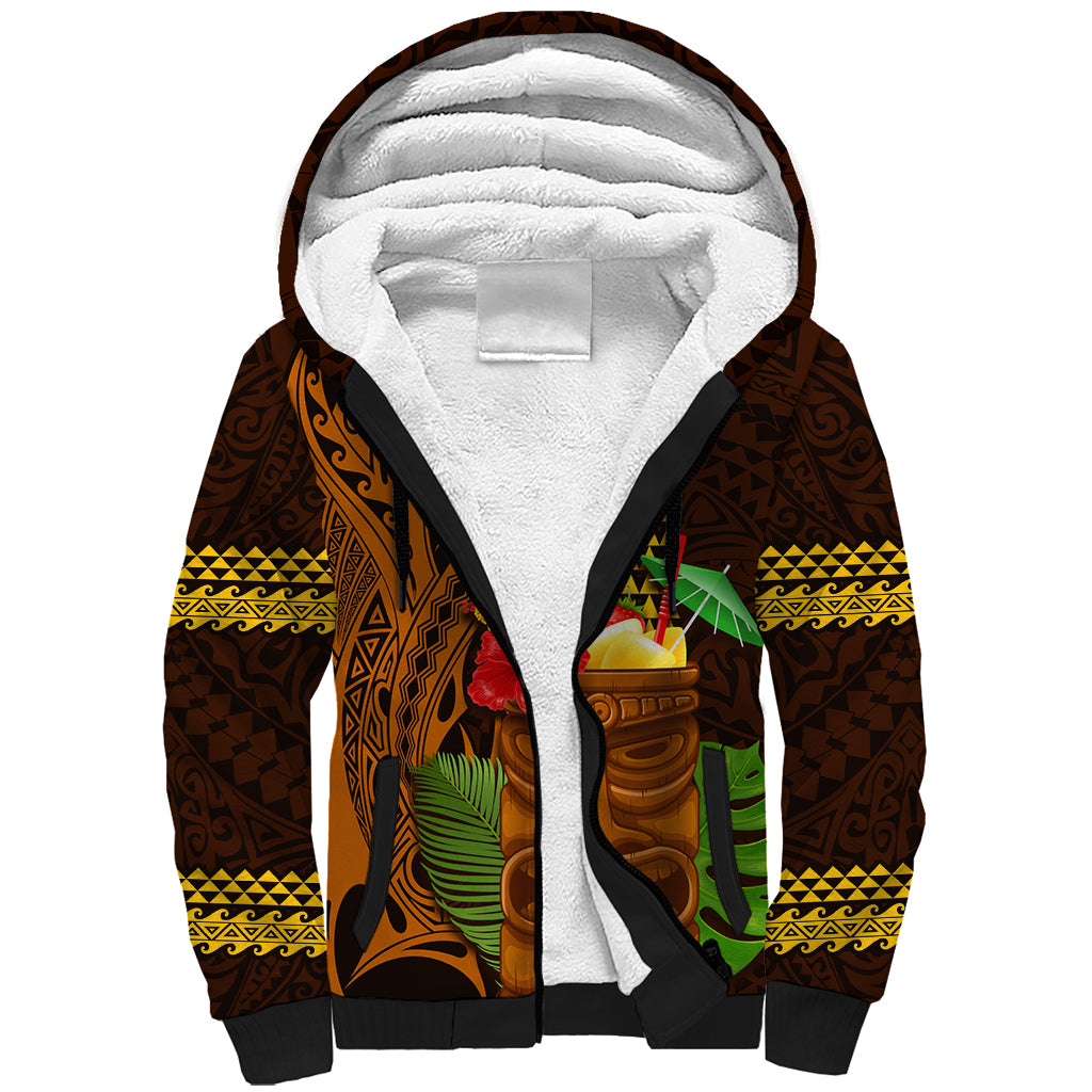 Hawaii Tiki Mask Cocktail Sherpa Hoodie Kakau Tattoo LT03 Unisex Brown - Polynesian Pride