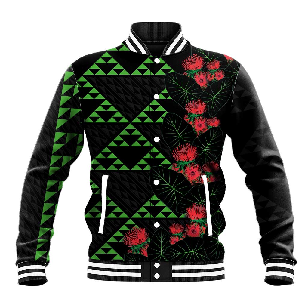 Hawaiian Green Kakau Art Tattoo-Ohia Lehua and Taro Leaves Baseball Jacket LT03 Unisex Black-Green - Polynesian Pride