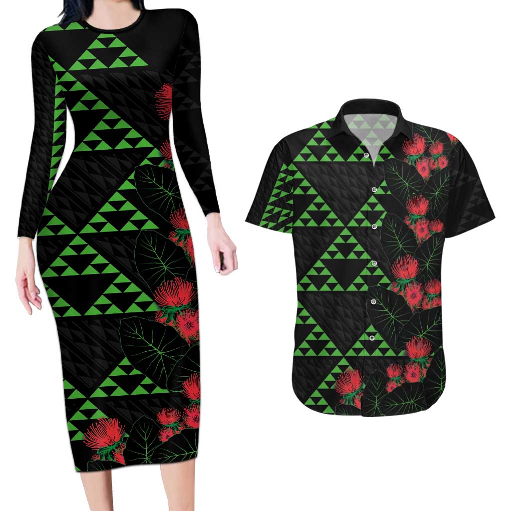 Hawaiian Green Kakau Art Tattoo-Ohia Lehua and Taro Leaves Couples Matching Long Sleeve Bodycon Dress and Hawaiian Shirt