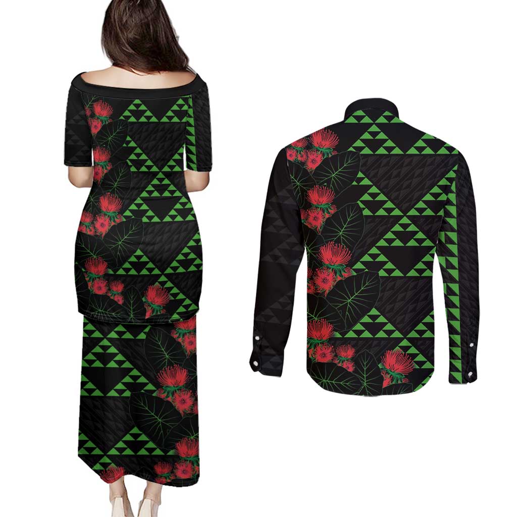 Hawaiian Green Kakau Art Tattoo-Ohia Lehua and Taro Leaves Couples Matching Puletasi and Long Sleeve Button Shirt