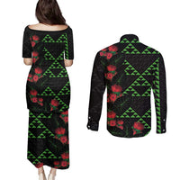 Hawaiian Green Kakau Art Tattoo-Ohia Lehua and Taro Leaves Couples Matching Puletasi and Long Sleeve Button Shirt