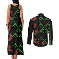 Hawaiian Green Kakau Art Tattoo-Ohia Lehua and Taro Leaves Couples Matching Tank Maxi Dress and Long Sleeve Button Shirt