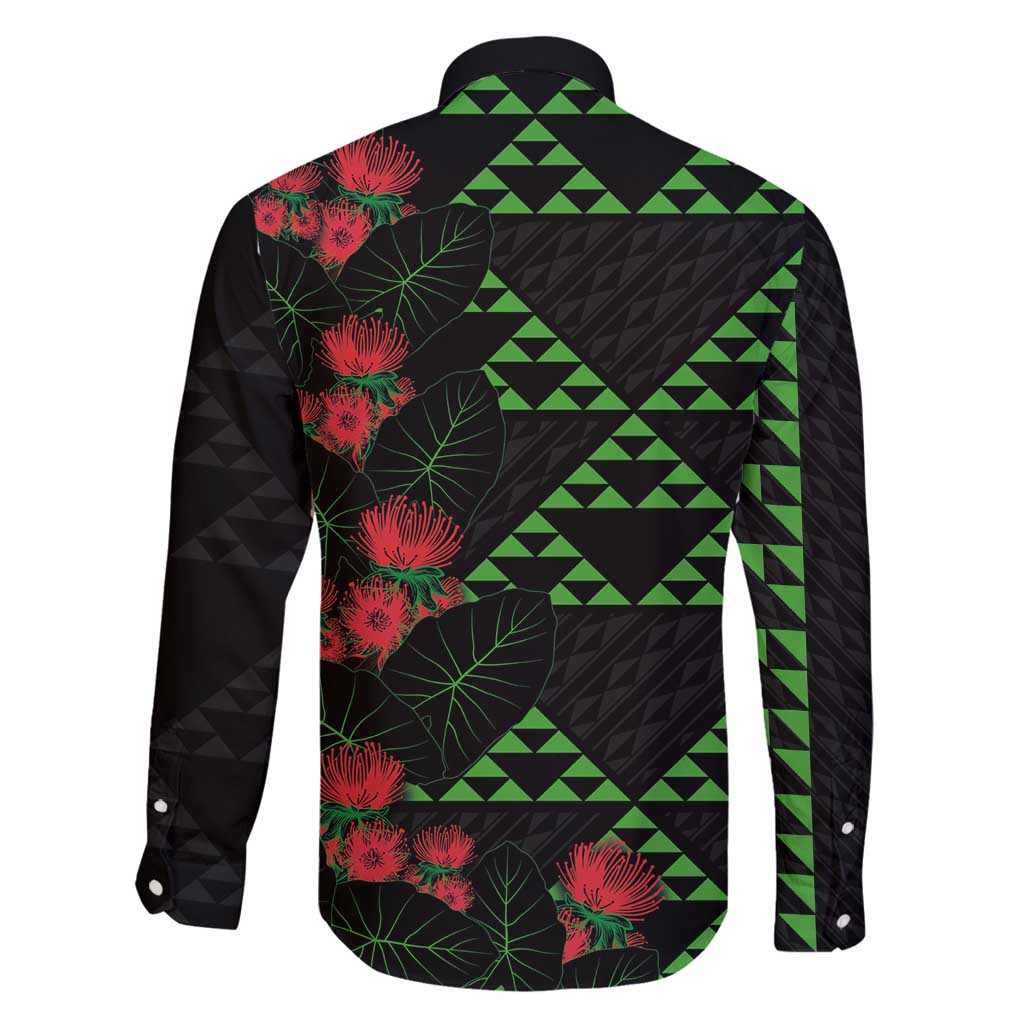 Hawaiian Green Kakau Art Tattoo-Ohia Lehua and Taro Leaves Family Matching Long Sleeve Bodycon Dress and Hawaiian Shirt