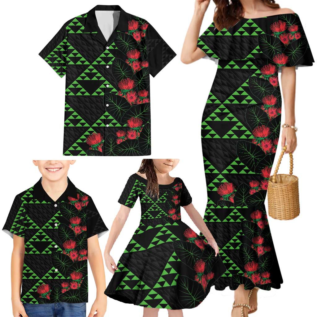 Hawaiian Green Kakau Art Tattoo-Ohia Lehua and Taro Leaves Family Matching Mermaid Dress and Hawaiian Shirt