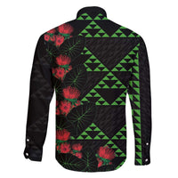 Hawaiian Green Kakau Art Tattoo-Ohia Lehua and Taro Leaves Family Matching Off The Shoulder Long Sleeve Dress and Hawaiian Shirt