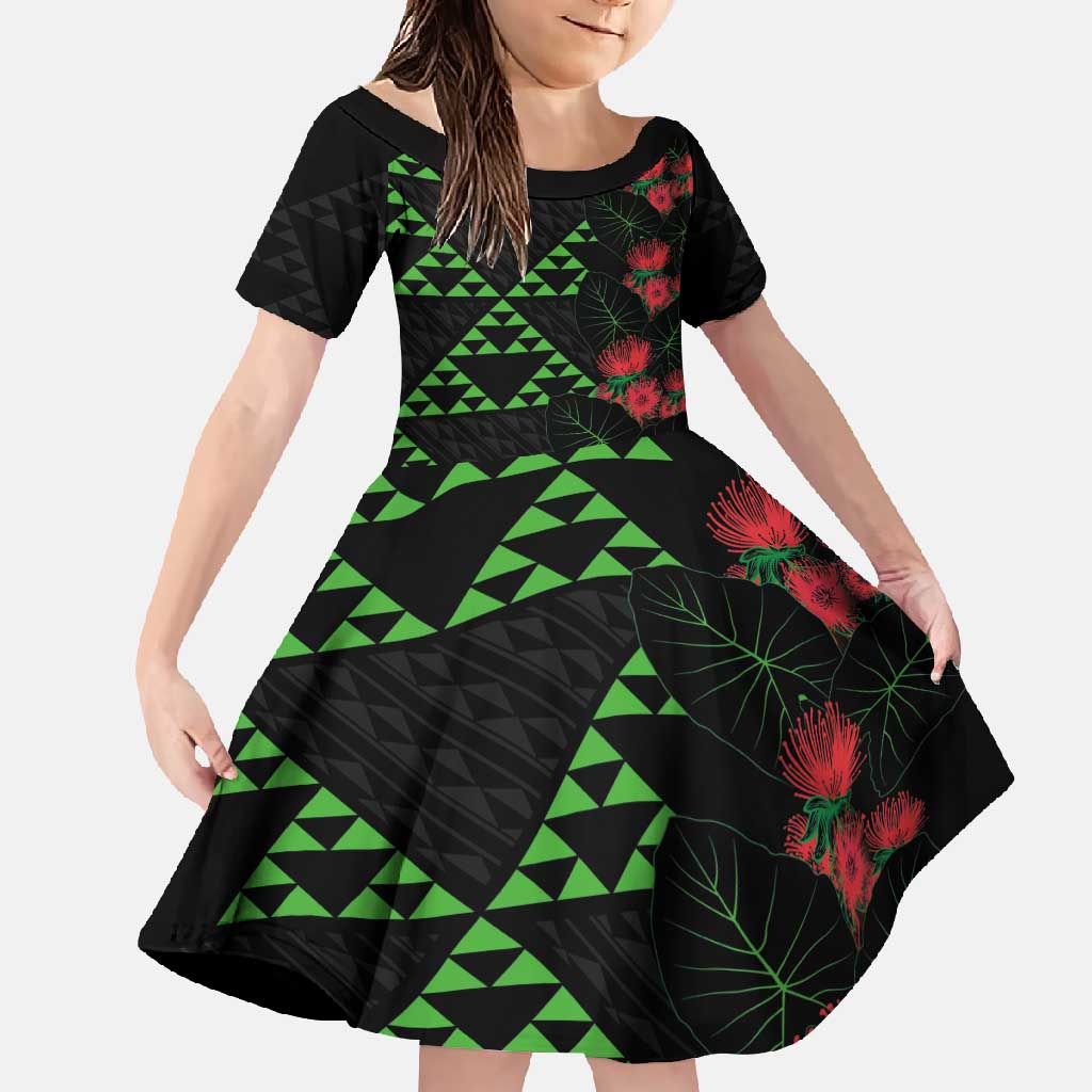 Hawaiian Green Kakau Art Tattoo-Ohia Lehua and Taro Leaves Family Matching Off Shoulder Maxi Dress and Hawaiian Shirt
