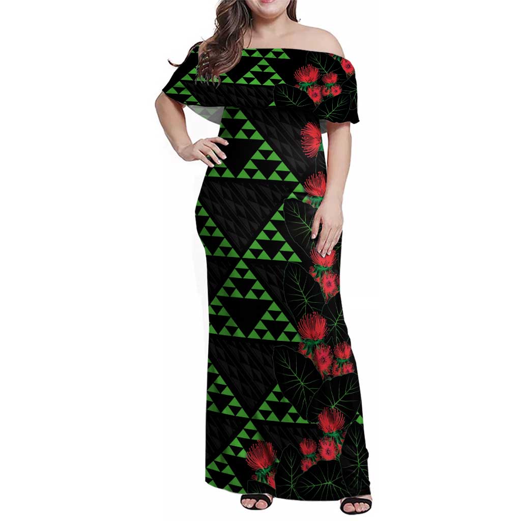 Hawaiian Green Kakau Art Tattoo-Ohia Lehua and Taro Leaves Family Matching Off Shoulder Maxi Dress and Hawaiian Shirt