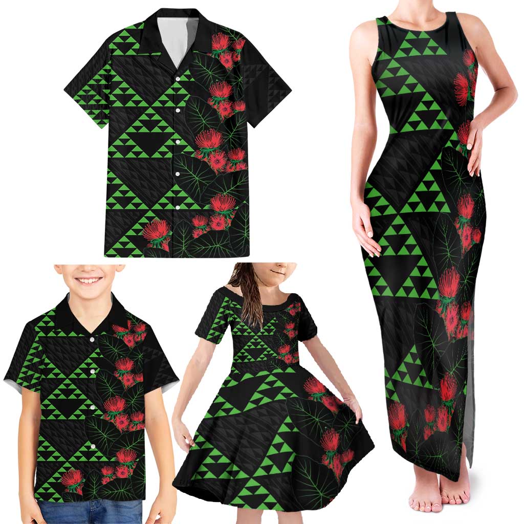Hawaiian Green Kakau Art Tattoo-Ohia Lehua and Taro Leaves Family Matching Tank Maxi Dress and Hawaiian Shirt