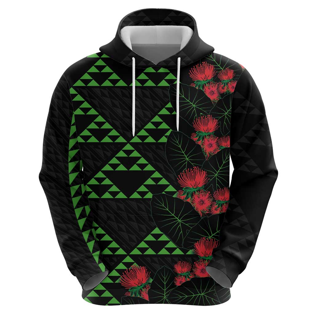 Hawaiian Green Kakau Art Tattoo-Ohia Lehua and Taro Leaves Hoodie