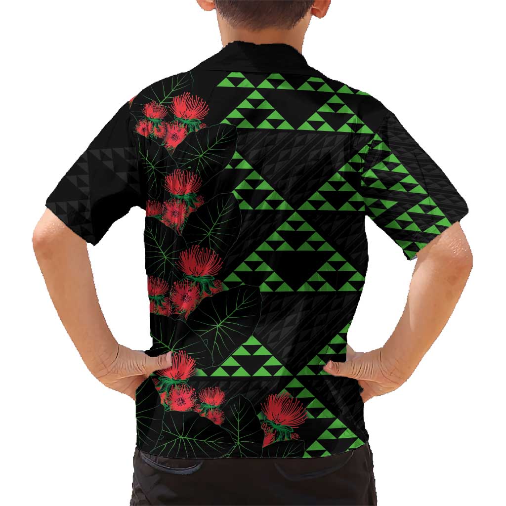 Hawaiian Green Kakau Art Tattoo-Ohia Lehua and Taro Leaves Kid Hawaiian Shirt