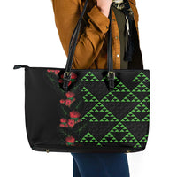 Hawaiian Green Kakau Art Tattoo-Ohia Lehua and Taro Leaves Leather Tote Bag