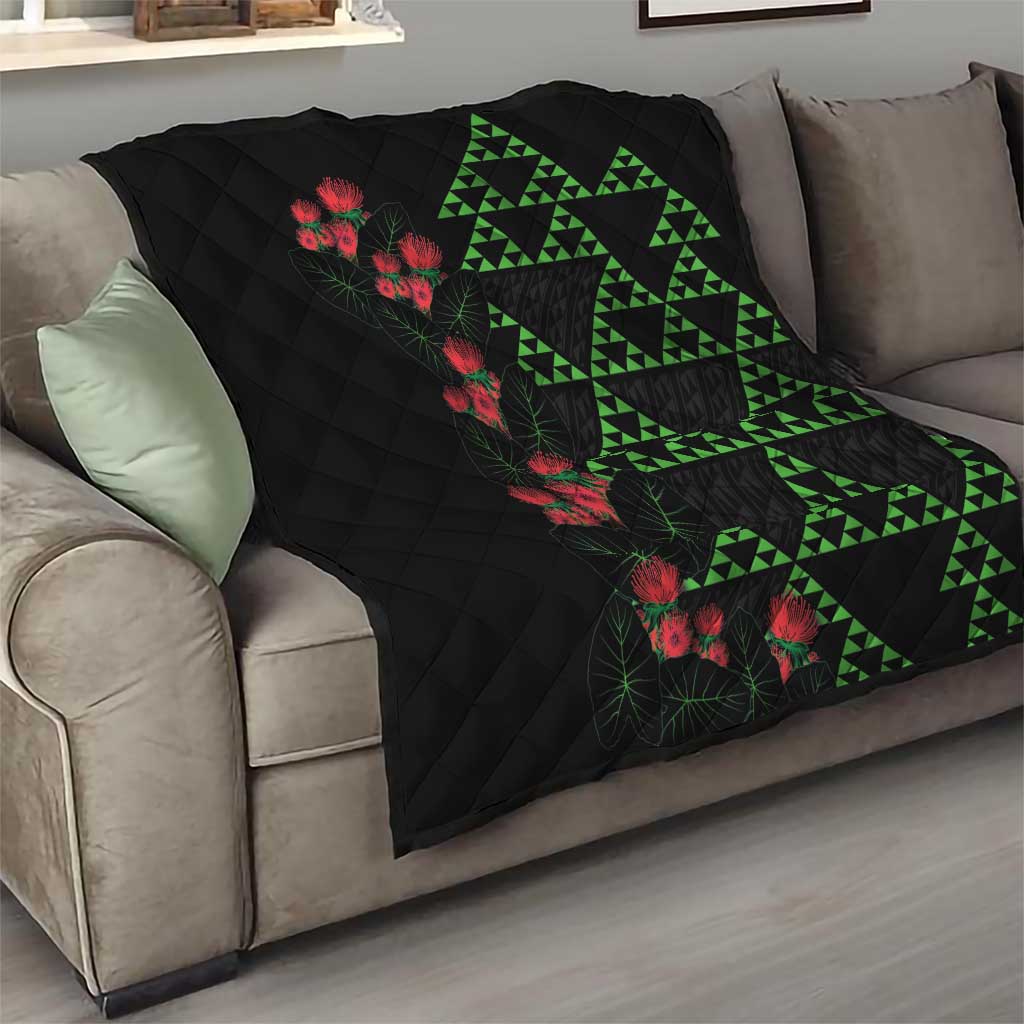 Hawaiian Green Kakau Art Tattoo-Ohia Lehua and Taro Leaves Quilt