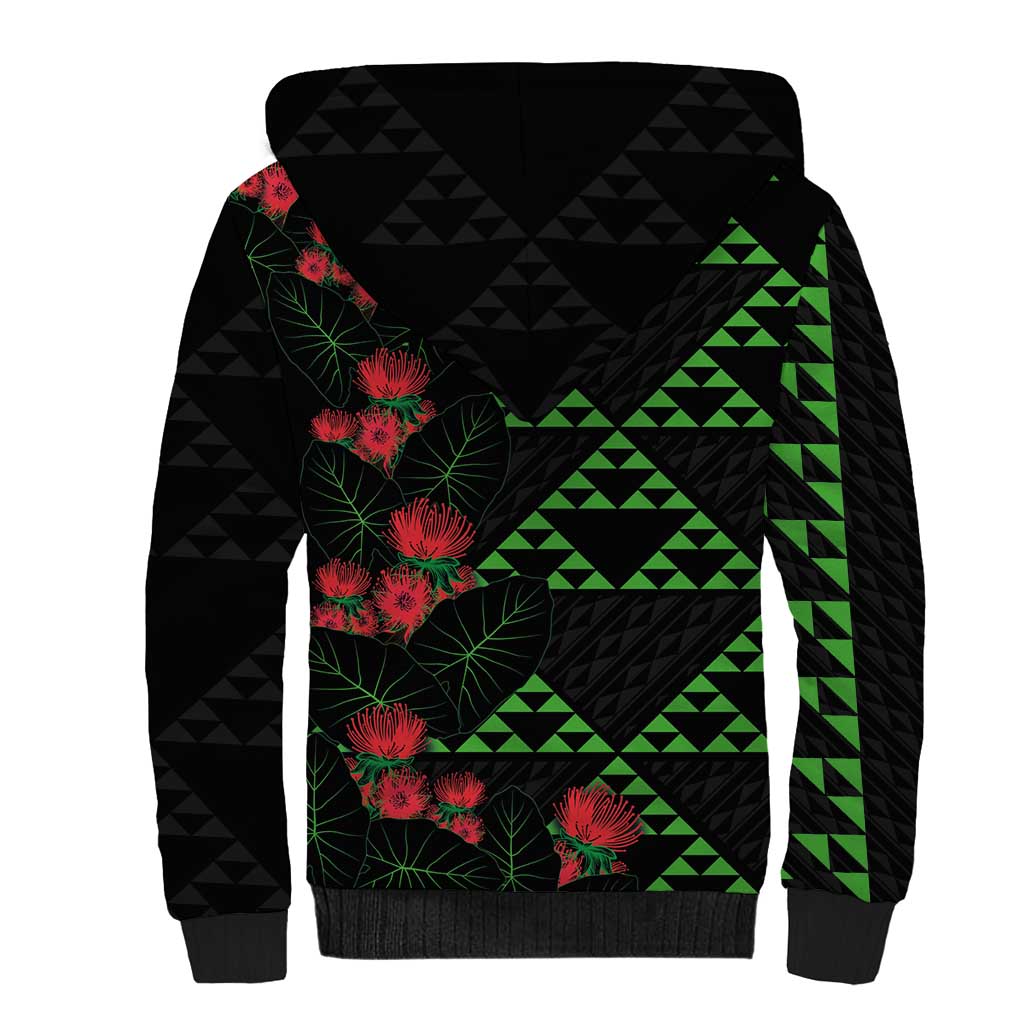 Hawaiian Green Kakau Art Tattoo-Ohia Lehua and Taro Leaves Sherpa Hoodie