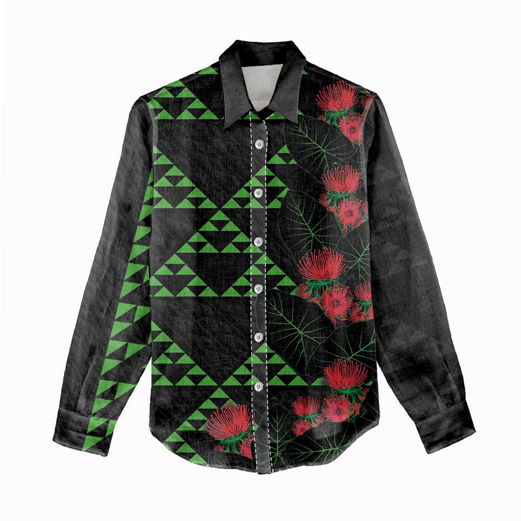 Hawaiian Green Kakau Art Tattoo-Ohia Lehua and Taro Leaves Women Casual Shirt
