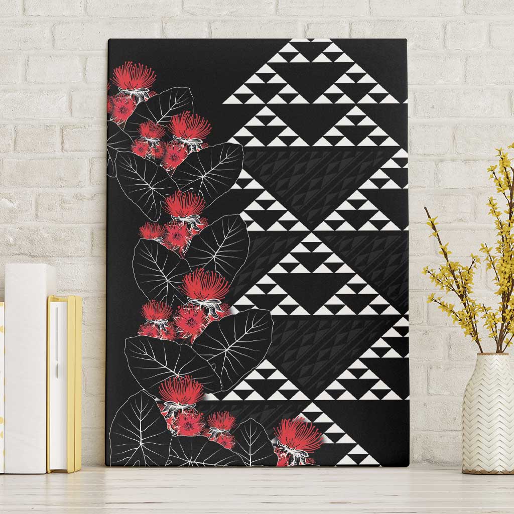 Hawaiian White Kakau Art Tattoo-Ohia Lehua and Taro Leaves Canvas Wall Art LT03 Without Frame Black-White - Polynesian Pride