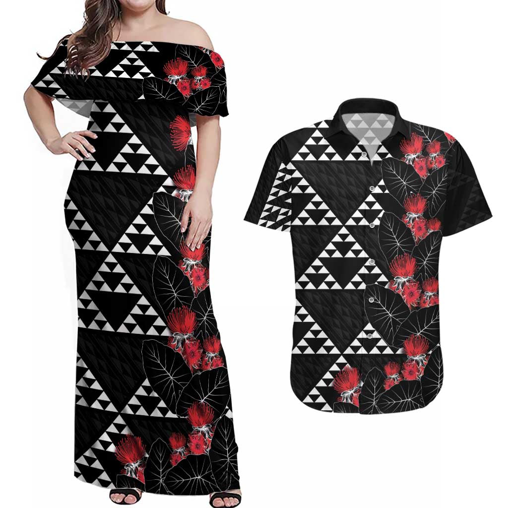Hawaiian White Kakau Art Tattoo-Ohia Lehua and Taro Leaves Couples Matching Off Shoulder Maxi Dress and Hawaiian Shirt