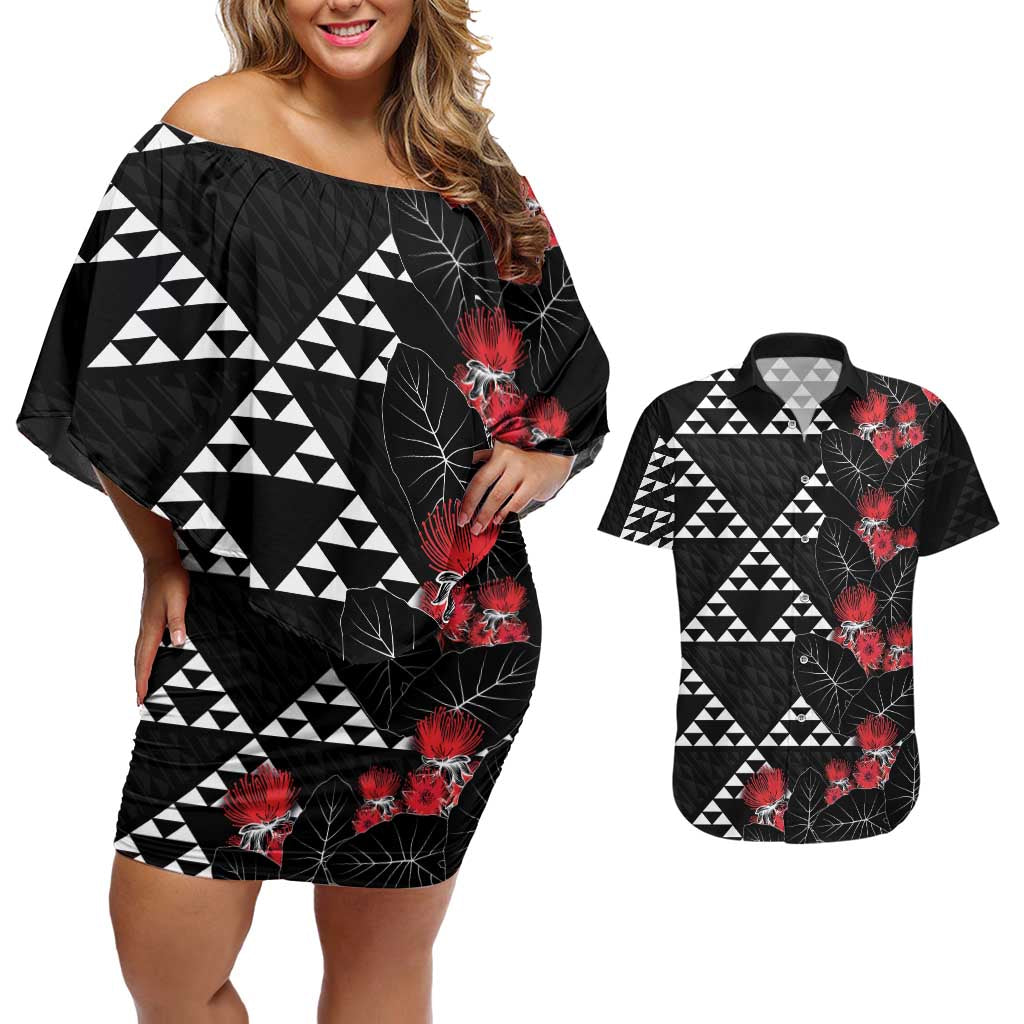 Hawaiian White Kakau Art Tattoo-Ohia Lehua and Taro Leaves Couples Matching Off Shoulder Short Dress and Hawaiian Shirt